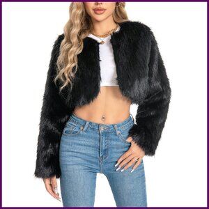 Plus Size Cropped Faux Fur Jacket Fluffy Winter Coat Women's Outerwear